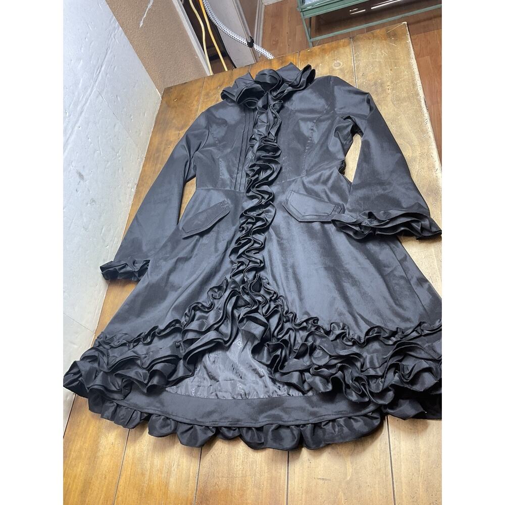 Samuel Dong Bubble Coat Dress Black Medium Ruffle Trench Goth READ - Picture 2 of 16